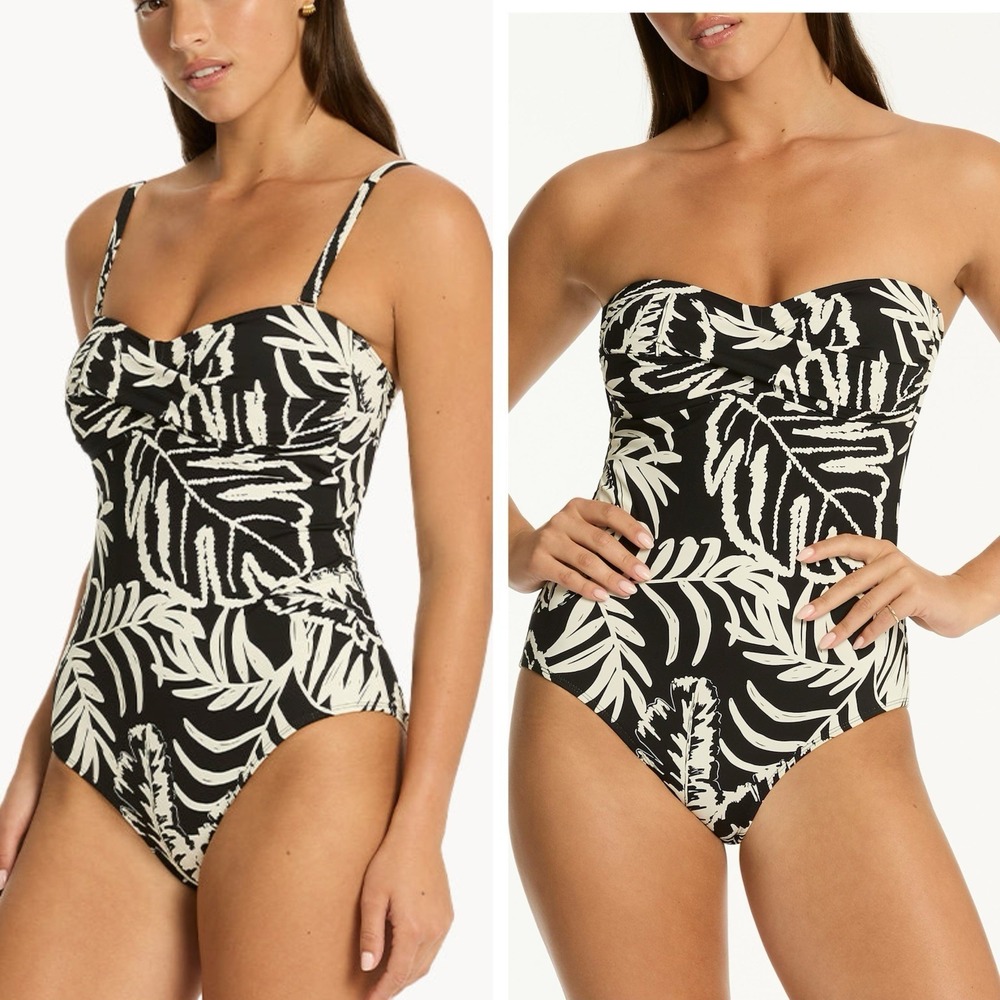 Sea Level Jungle Book Twist Bandeau One-Piece Swimsuit Black White US 10